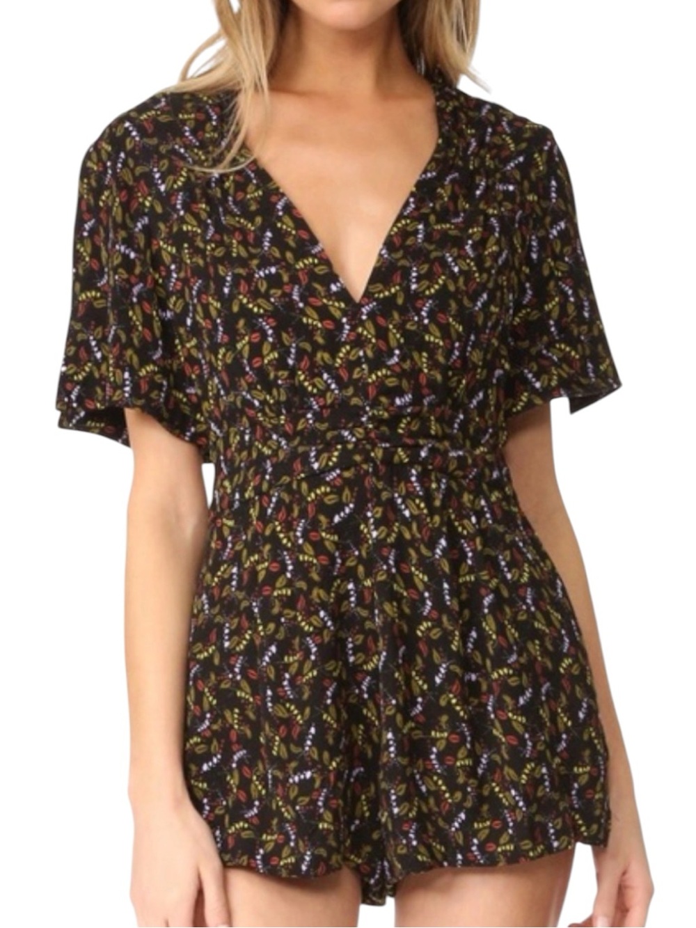 Free People Meet Virginia Black Floral & Leaf Romper Size Medium